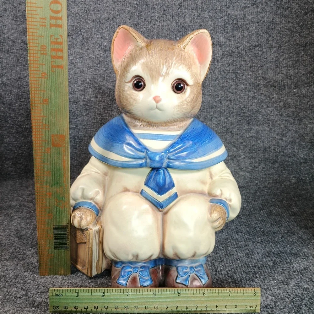 Vintage Cat Cookie Jar Ceramic Sailor Kitten Blue White Anthropomorphic Japan